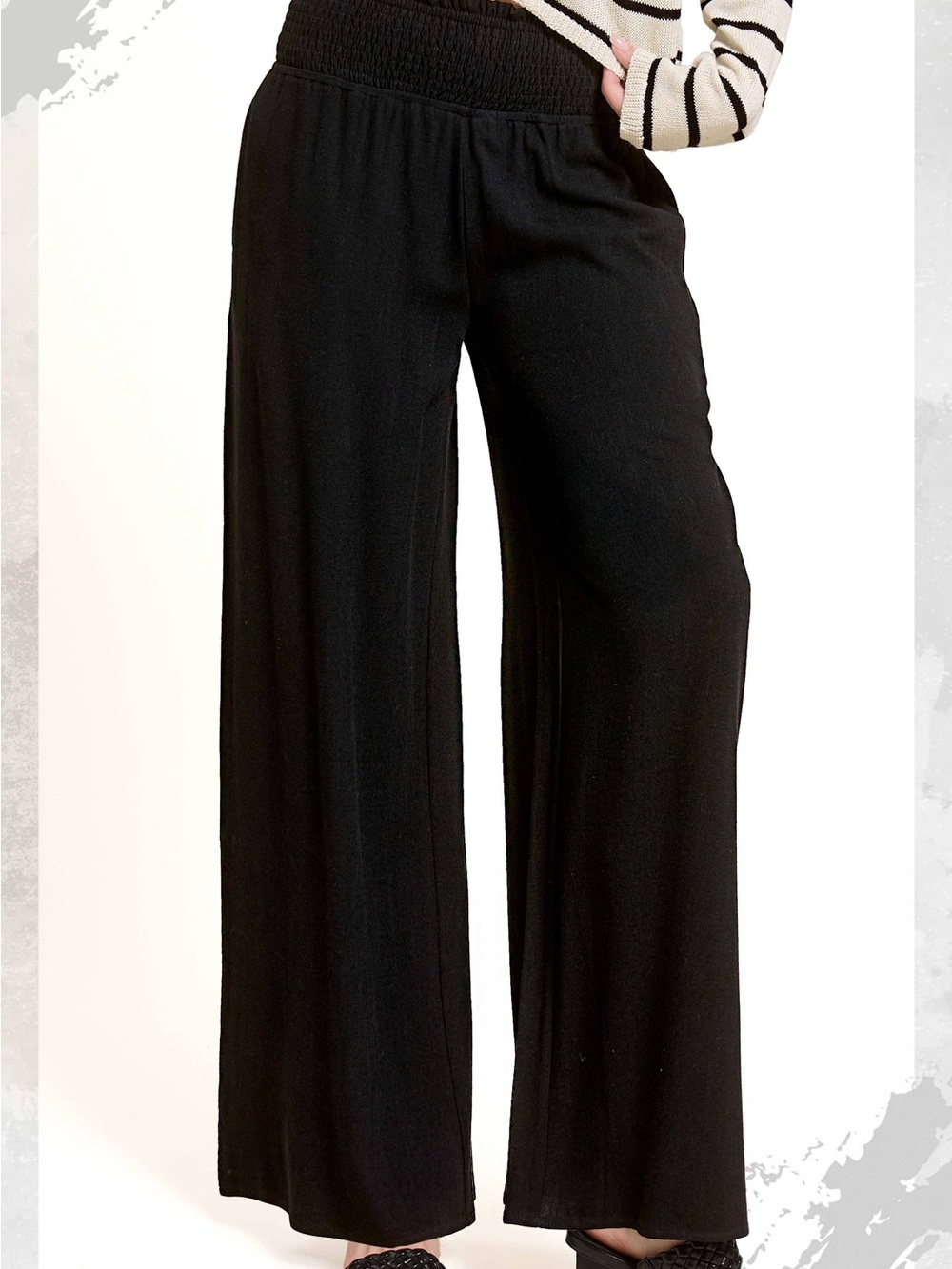 NWT LA MIEL Black Straight-Leg Linen Smocked Elastic Waist Pants Large